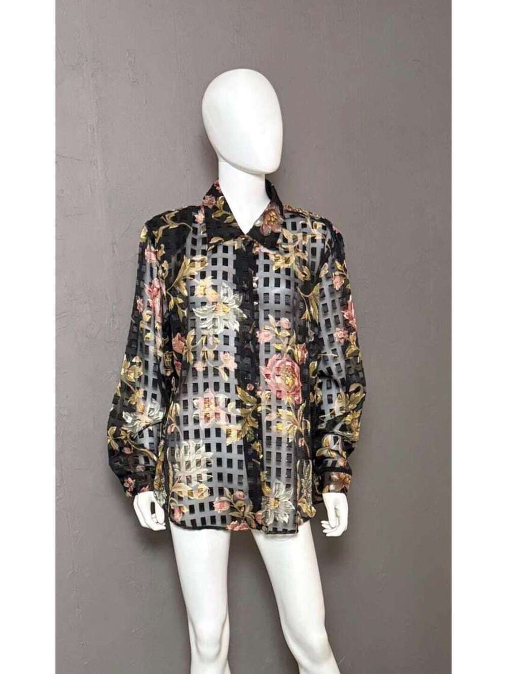 1980s Sheer Burnout Blouse by Expose Black x Earthy Floral size XL